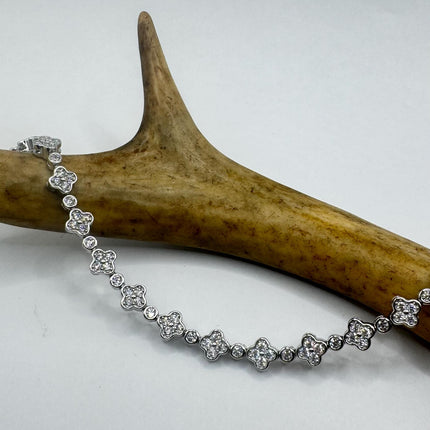 Vintage Tennis Flower Bracelet | Bezel Set Cubic Zirconia Crystal Diamond Gemstone in 925 Sterling Silver | Stackable Everyday Elegant