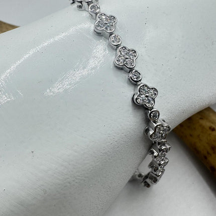 Vintage Tennis Flower Bracelet | Bezel Set Cubic Zirconia Crystal Diamond Gemstone in 925 Sterling Silver | Stackable Everyday Elegant