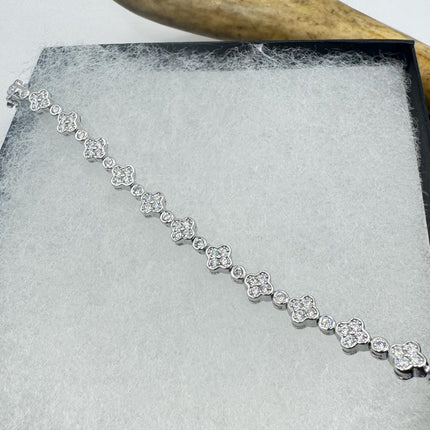 Vintage Tennis Flower Bracelet | Bezel Set Cubic Zirconia Crystal Diamond Gemstone in 925 Sterling Silver | Stackable Everyday Elegant