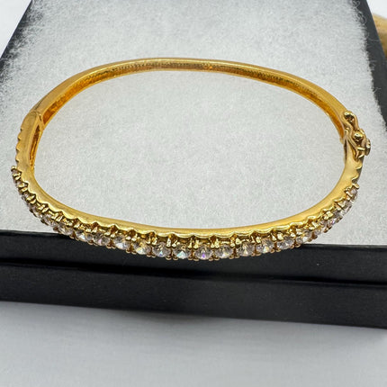 Vintage Diamond Bangle Bracelet - Golden 925 Sterling Silver with CZ Crystal Gemstones