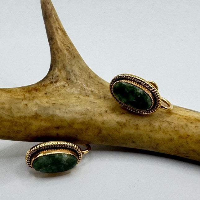 Vintage Green Nephrite Jade Clip-On Earrings 12k Gold Filled Delicate Screw Back Design