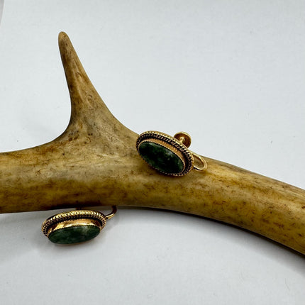 Vintage Green Nephrite Jade Clip-On Earrings 12k Gold Filled Delicate Screw Back Design
