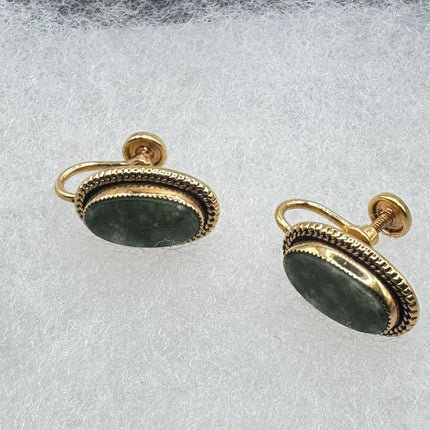 Vintage Green Nephrite Jade Clip-On Earrings 12k Gold Filled Delicate Screw Back Design