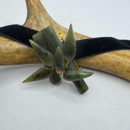 Vintage Green Jade Brooch Pin - Gold Filled with Velvet Choker - Small Lucky Bamboo Jade Design