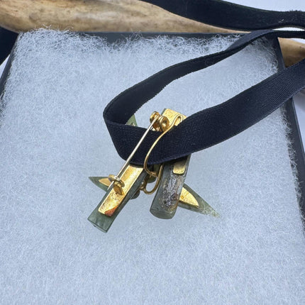 Vintage Green Jade Brooch Pin - Gold Filled with Velvet Choker - Small Lucky Bamboo Jade Design