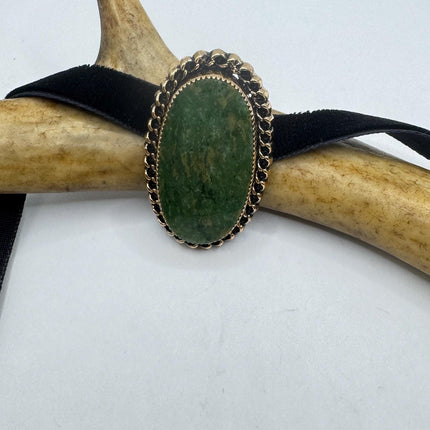 Vintage Green Jade Brooch Pin on Gold Filled Black Velvet Choker - Minimal Everyday Accessory