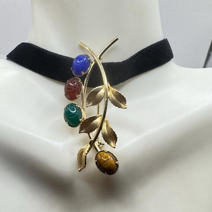 Vintage Scarab Brooch Pin | 14K Gold Filled Leaf Brooch | Multi Gemstone Scarab Pin | Carved Stone Brooch | Classic Retro Jewelry