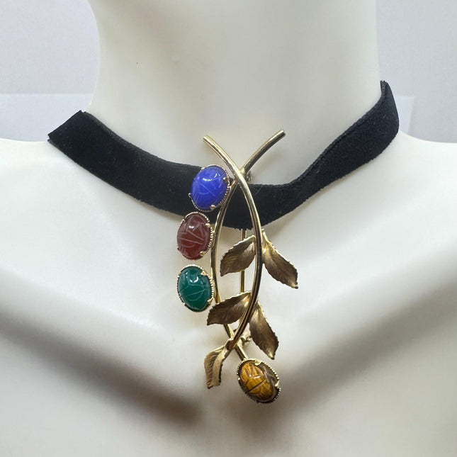 Vintage Scarab Brooch Pin | 14K Gold Filled Leaf Brooch | Multi Gemstone Scarab Pin | Carved Stone Brooch | Classic Retro Jewelry