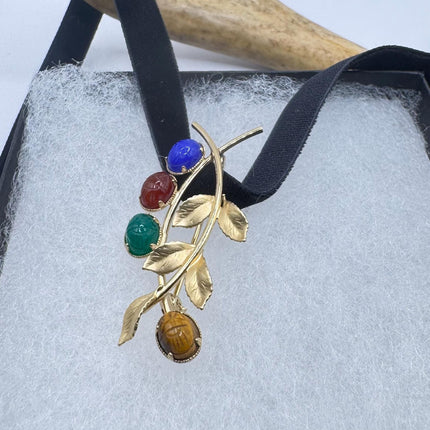 Vintage Scarab Brooch Pin | 14K Gold Filled Leaf Brooch | Multi Gemstone Scarab Pin | Carved Stone Brooch | Classic Retro Jewelry