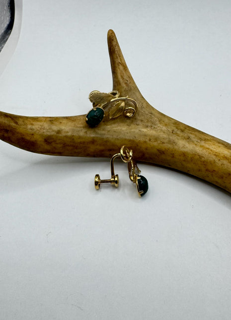 Vintage Green Nephrite Jade Clip-On Earrings 12k Gold Filled Delicate Screw Back Design