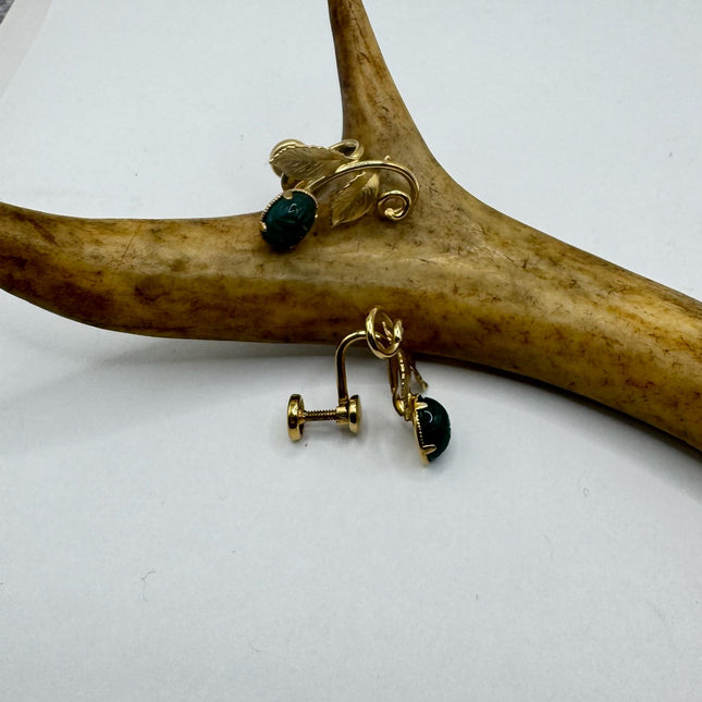 Vintage Green Nephrite Jade Clip-On Earrings 12k Gold Filled Delicate Screw Back Design