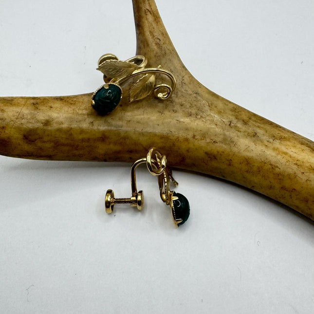 Vintage Green Nephrite Jade Clip-On Earrings 12k Gold Filled Delicate Screw Back Design