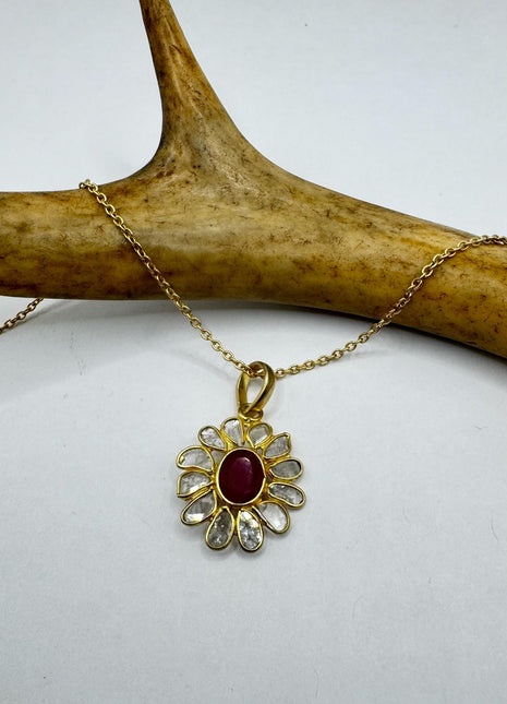 Vintage Tiny Diamond Ruby Necklace | Pink Ruby Gemstone Dainty Gold 925 Sterling Silver Chain Necklace | Minimalist Style Crystal