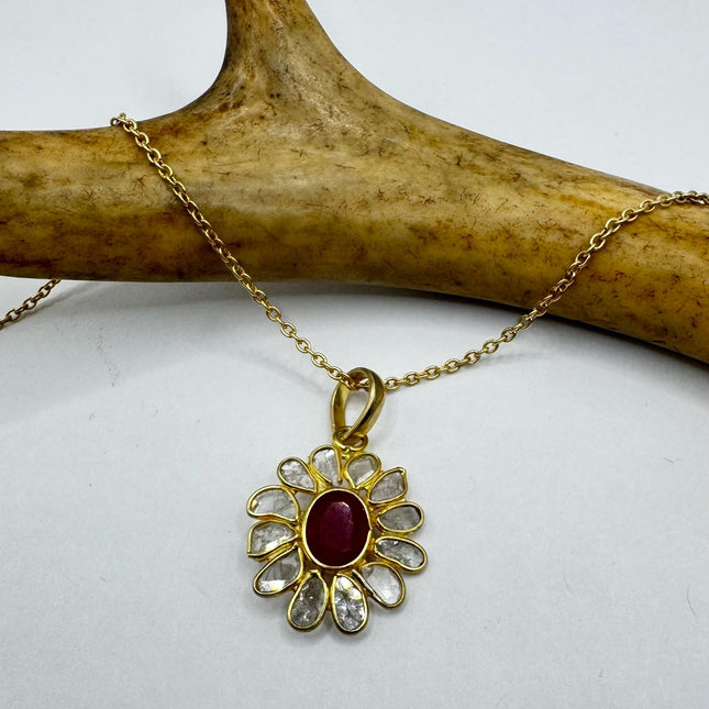 Vintage Tiny Diamond Ruby Necklace | Pink Ruby Gemstone Dainty Gold 925 Sterling Silver Chain Necklace | Minimalist Style Crystal