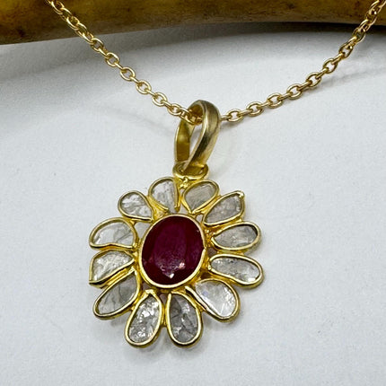 Vintage Tiny Diamond Ruby Necklace | Pink Ruby Gemstone Dainty Gold 925 Sterling Silver Chain Necklace | Minimalist Style Crystal