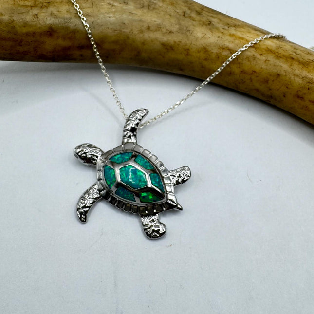 Vintage Blue Fire Opal Turtle Tortoise Necklace - Sterling Silver Chain - Minimalist Design