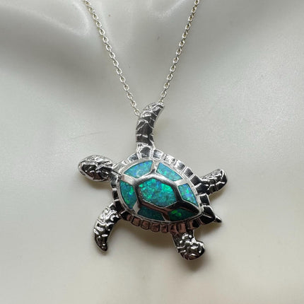 Vintage Blue Fire Opal Turtle Tortoise Necklace - Sterling Silver Chain - Minimalist Design