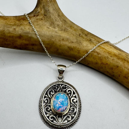 Vintage Silver Necklace | White Fire Opal Gemstone Crystal Birthstone Pendant on 925 Sterling Silver Chain Necklace