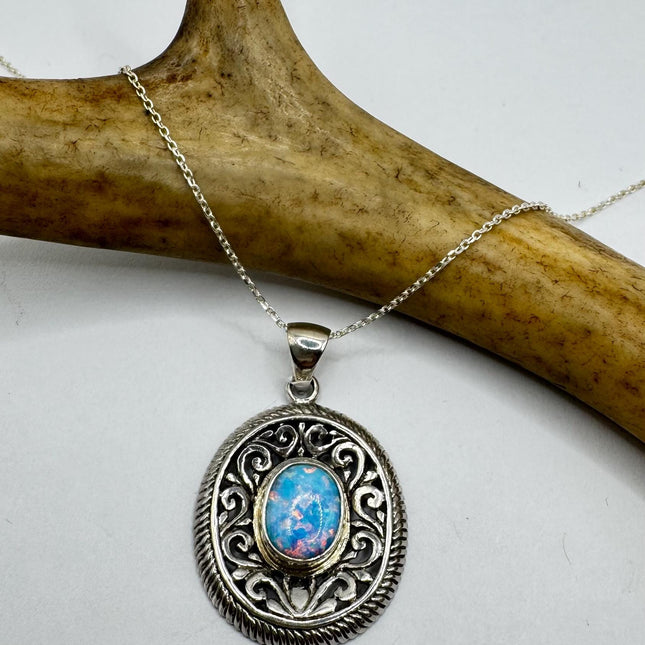Vintage Silver Necklace | White Fire Opal Gemstone Crystal Birthstone Pendant on 925 Sterling Silver Chain Necklace
