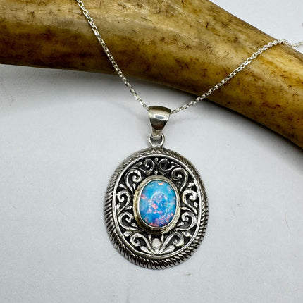Vintage Silver Necklace | White Fire Opal Gemstone Crystal Birthstone Pendant on 925 Sterling Silver Chain Necklace