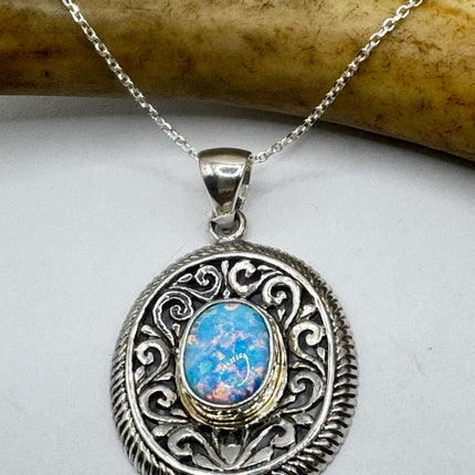 Vintage Silver Necklace | White Fire Opal Gemstone Crystal Birthstone Pendant on 925 Sterling Silver Chain Necklace