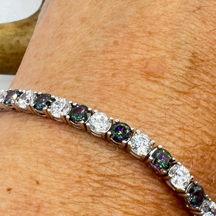 Vintage Silver Tennis Bracelet | Mystic Blue Topaz Crystal Diamond Cubic Zirconia 925 Sterling Silver