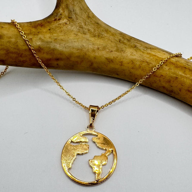 Vintage Globe Earth Pendant Necklace | 9k Gold Filled Star Statement Charm Necklace