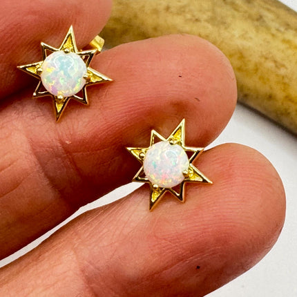 Vintage Opal Star Stud Earrings | Blue Fire Opal Gemstone | Gold 925 Sterling Silver Dainty Stud Button Earrings