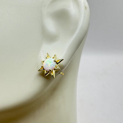 Vintage Opal Star Stud Earrings | Blue Fire Opal Gemstone | Gold 925 Sterling Silver Dainty Stud Button Earrings