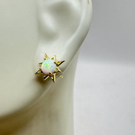 Vintage Opal Star Stud Earrings | Blue Fire Opal Gemstone | Gold 925 Sterling Silver Dainty Stud Button Earrings