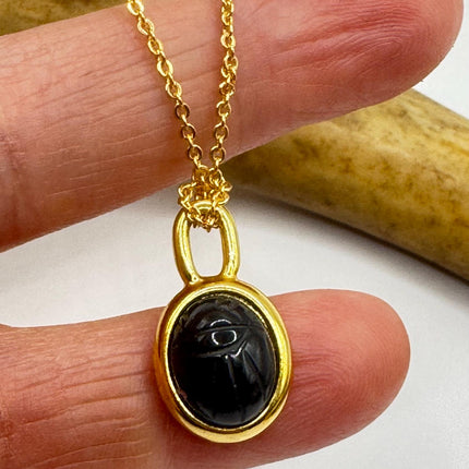 Vintage Black Onyx Scarab Necklace - 12k Gold Filled Minimalist Stacking Chain