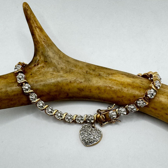Vintage Gold Tennis Bracelet | Diamond Chip Infinity Heart | Golden 925 Sterling Silver Dainty Wedding Prom Jewelry