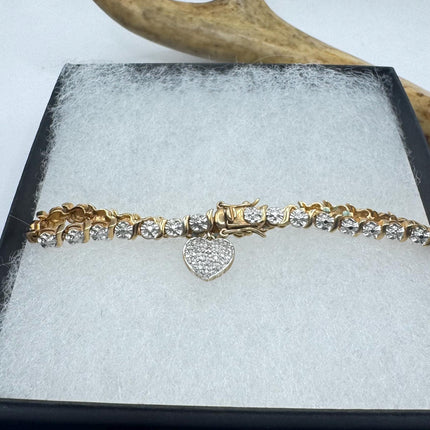 Vintage Gold Tennis Bracelet | Diamond Chip Infinity Heart | Golden 925 Sterling Silver Dainty Wedding Prom Jewelry