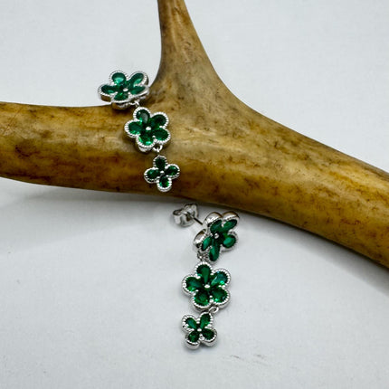 Vintage Green Chrome Diopside Flower 925 Sterling Silver Drop Dangle Earrings