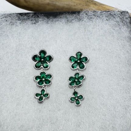 Vintage Green Chrome Diopside Flower 925 Sterling Silver Drop Dangle Earrings