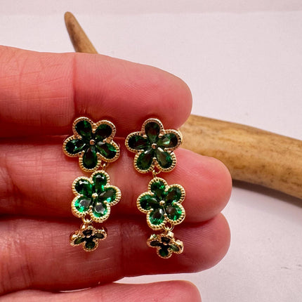 Vintage Green Chrome Diopside Flower Gold 925 Sterling Silver Drop Dangle Earrings