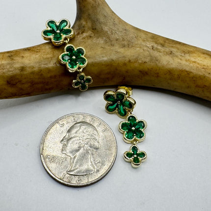 Vintage Green Chrome Diopside Flower Gold 925 Sterling Silver Drop Dangle Earrings