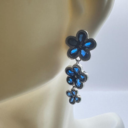 Vintage Blue Crystal Flower 925 Sterling Silver Drop Dangle Earrings
