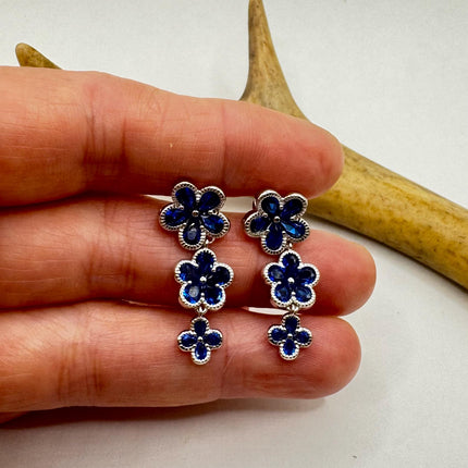 Vintage Blue Crystal Flower 925 Sterling Silver Drop Dangle Earrings