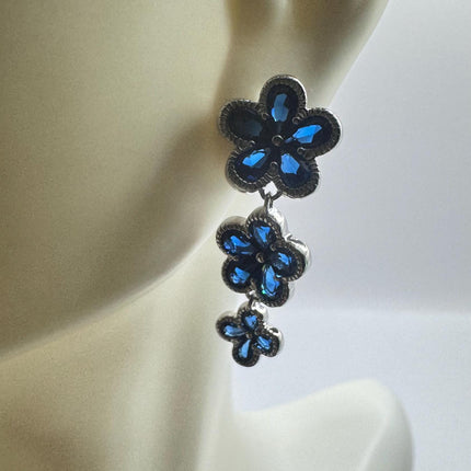 Vintage Blue Crystal Flower 925 Sterling Silver Drop Dangle Earrings