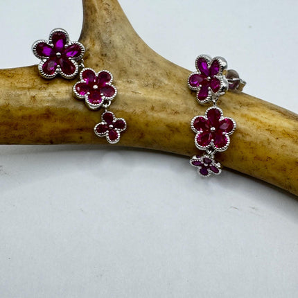 Vintage Red Ruby Crystal Flower 925 Sterling Silver Drop Dangle Earrings
