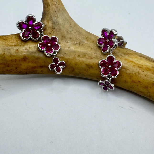 Vintage Red Ruby Crystal Flower 925 Sterling Silver Drop Dangle Earrings