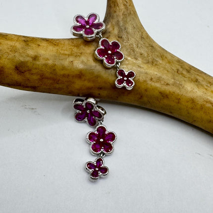 Vintage Red Ruby Crystal Flower 925 Sterling Silver Drop Dangle Earrings