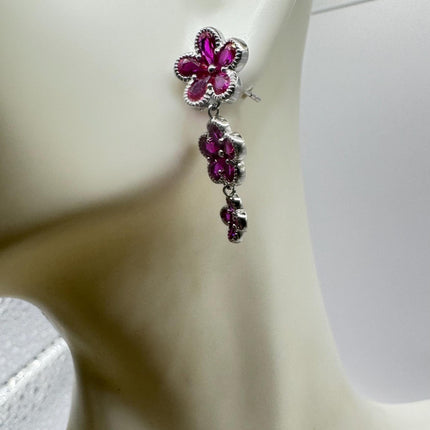 Vintage Red Ruby Crystal Flower 925 Sterling Silver Drop Dangle Earrings