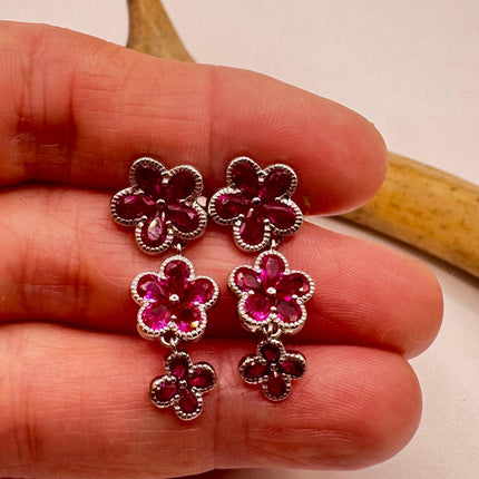 Vintage Red Ruby Crystal Flower 925 Sterling Silver Drop Dangle Earrings