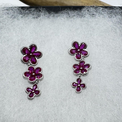 Vintage Red Ruby Crystal Flower 925 Sterling Silver Drop Dangle Earrings