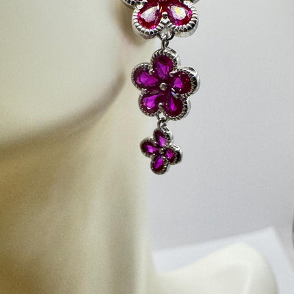Vintage Red Ruby Crystal Flower 925 Sterling Silver Drop Dangle Earrings