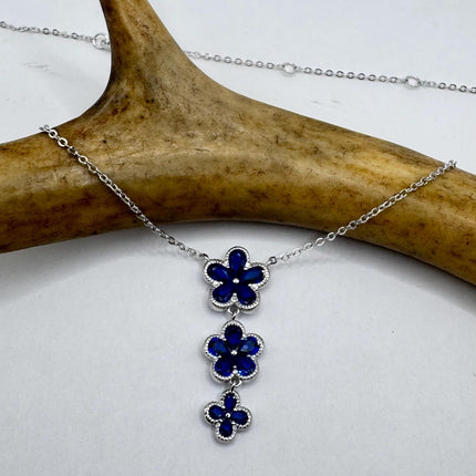 Vintage Blue Sapphire CZ Flower Choker 925 Sterling Silver Necklace