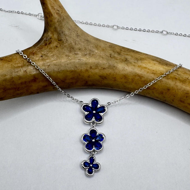 Vintage Blue Sapphire CZ Flower Choker 925 Sterling Silver Necklace