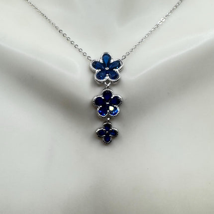 Vintage Blue Sapphire CZ Flower Choker 925 Sterling Silver Necklace